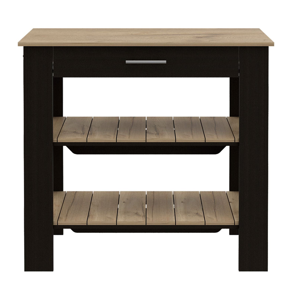 English Elm Kitchen Island With Open Shelves, Drawer, Towel Hanger, Black & Light Oak Finish For Versatile Style B097132959