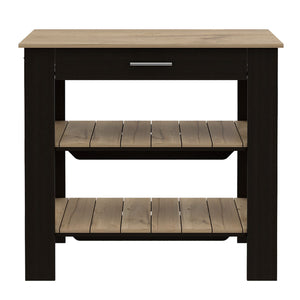 English Elm Kitchen Island With Open Shelves, Drawer, Towel Hanger, Black & Light Oak Finish For Versatile Style B097132959