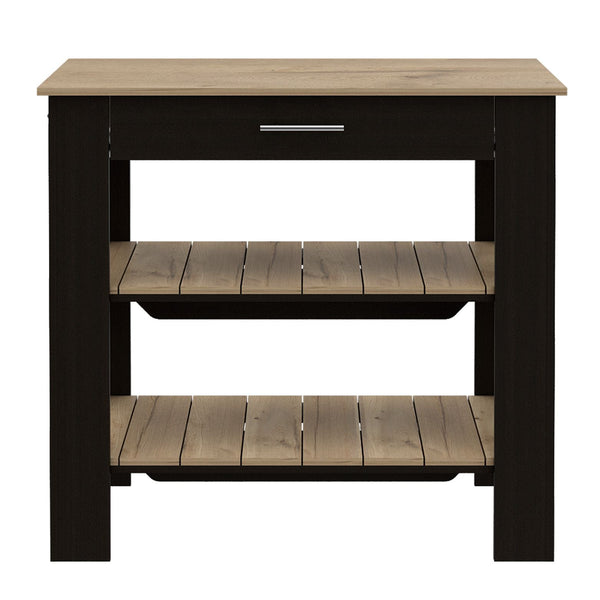 English Elm Kitchen Island With Open Shelves, Drawer, Towel Hanger, Black & Light Oak Finish For Versatile Style B097132959
