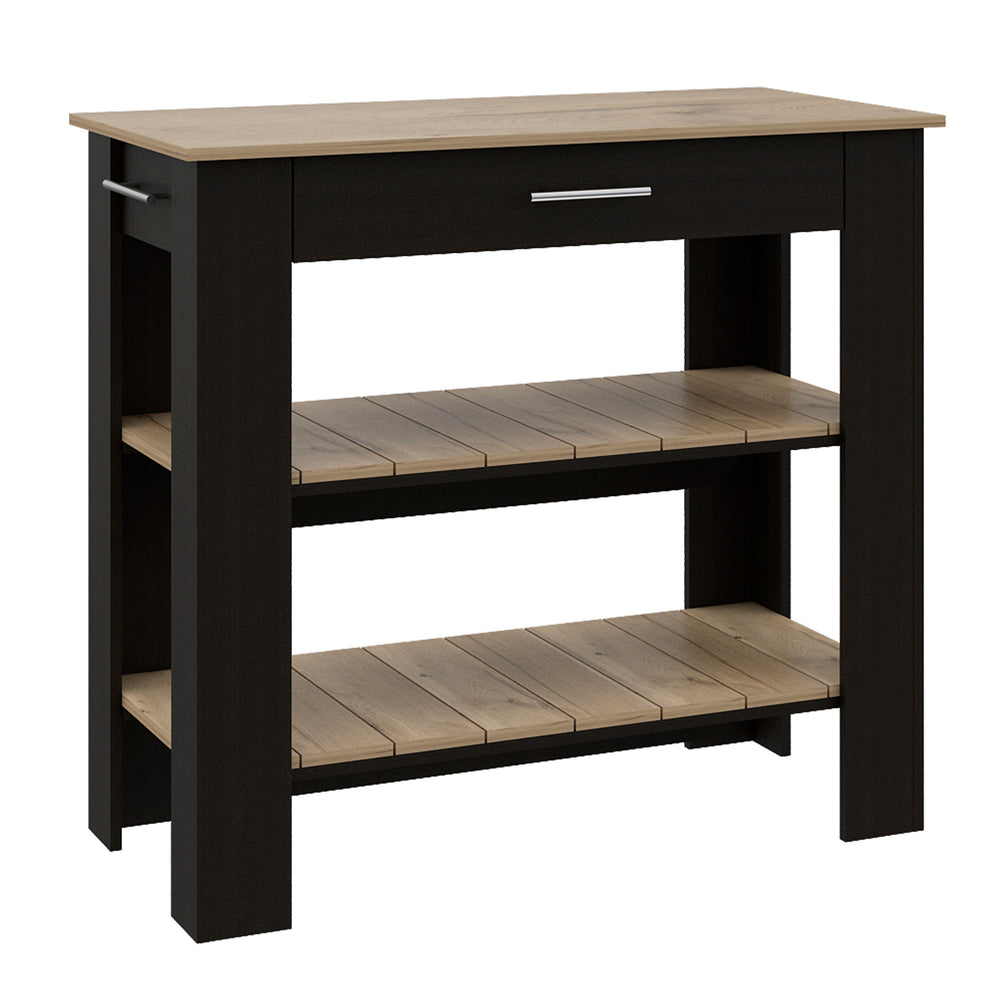 English Elm Kitchen Island With Open Shelves, Drawer, Towel Hanger, Black & Light Oak Finish For Versatile Style B097132959
