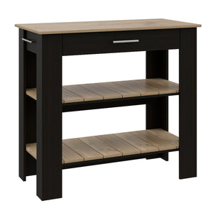 English Elm Kitchen Island With Open Shelves, Drawer, Towel Hanger, Black & Light Oak Finish For Versatile Style B097132959