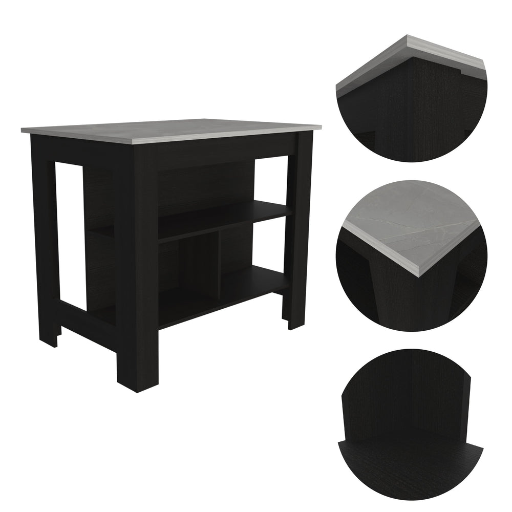 English Elm Cala Kitchen Island With Three Shelves, Modern Black Frame & Ibiza Marble Top For Stylish Storage B20092007