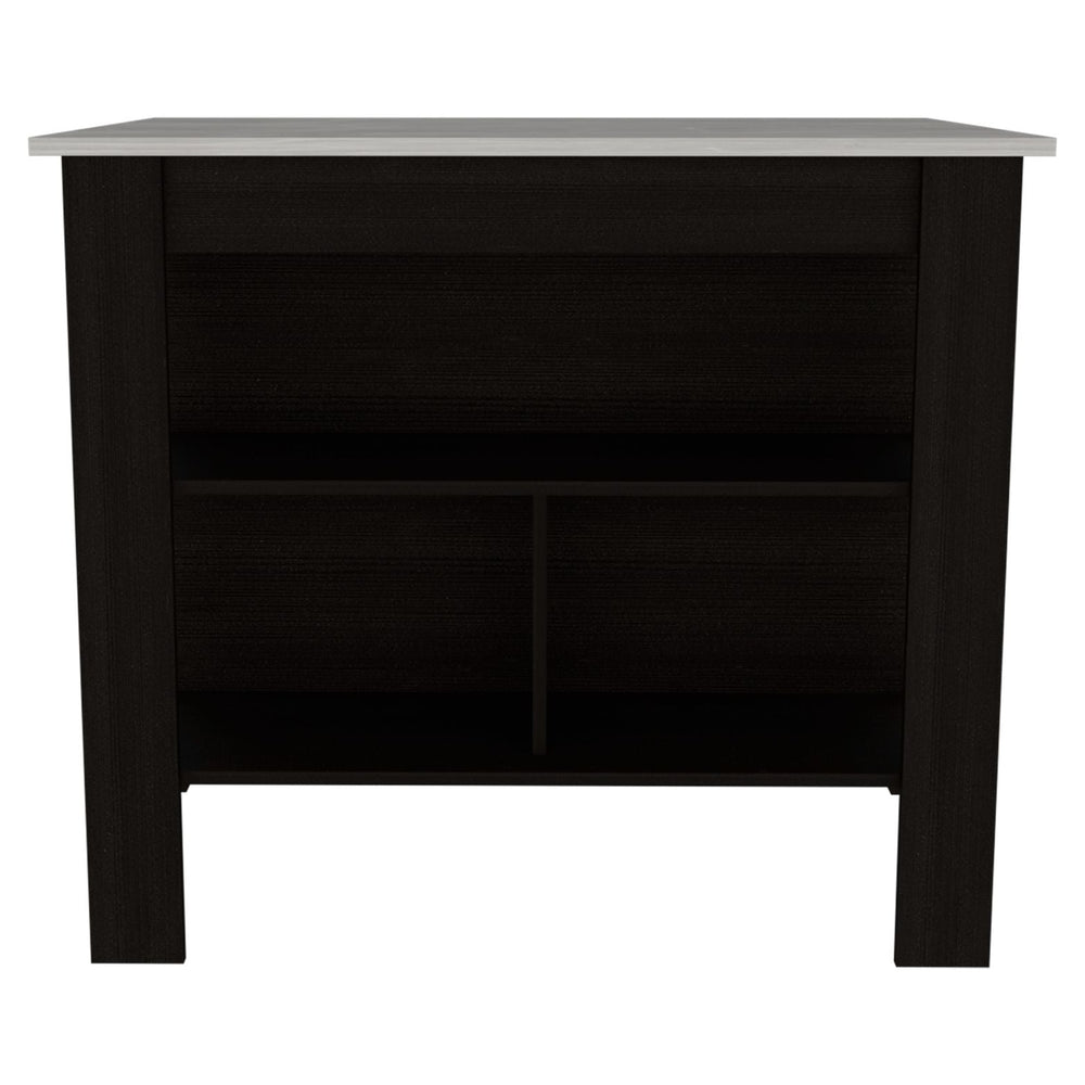English Elm Kitchen Island With Ibiza Marble Top, 3 Open Shelves, 35" Height For Prep & Dining, Black Frame B097132963