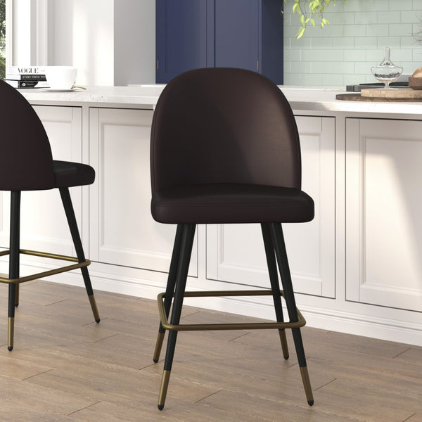 English Elm Lyla Set of 2 Modern High Back Armless Counter Stools with Durable Steel Frames for Comfort & Style Brown LeatherSoft AY-1026H-26-BR-GG