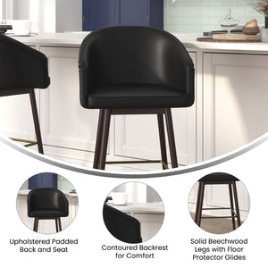 English Elm Margo 26" Commercial-Grade Mid-Back Counter Stool with Walnut Beechwood Legs and LeatherSoft Upholstery Black AY-1928-26-BK-GG