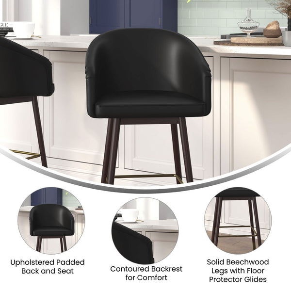 English Elm Margo 26" Commercial-Grade Mid-Back Counter Stool with Walnut Beechwood Legs and LeatherSoft Upholstery Black AY-1928-26-BK-GG