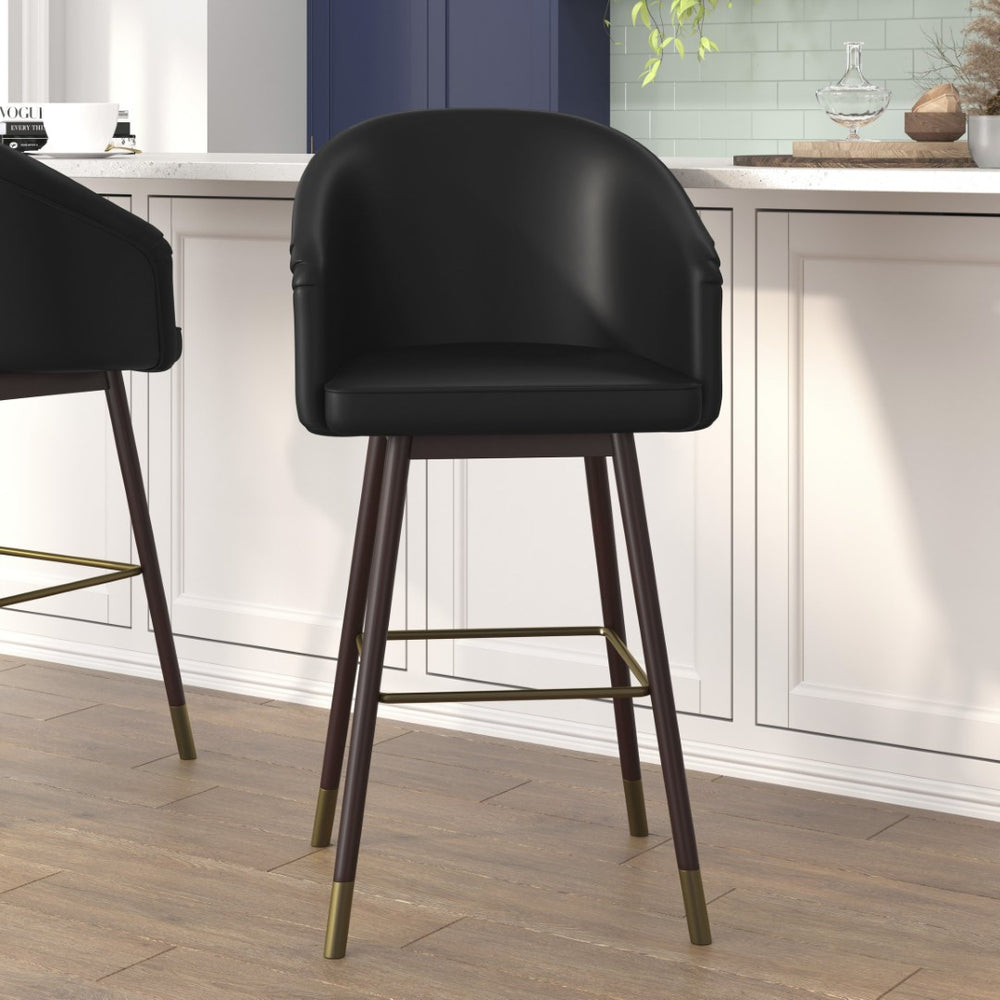 English Elm Margo 30" Mid-Back Barstool: Stylish Walnut Beechwood Legs, Black LeatherSoft, Durable & Ergonomic Design AY-1928-30-BK-GG