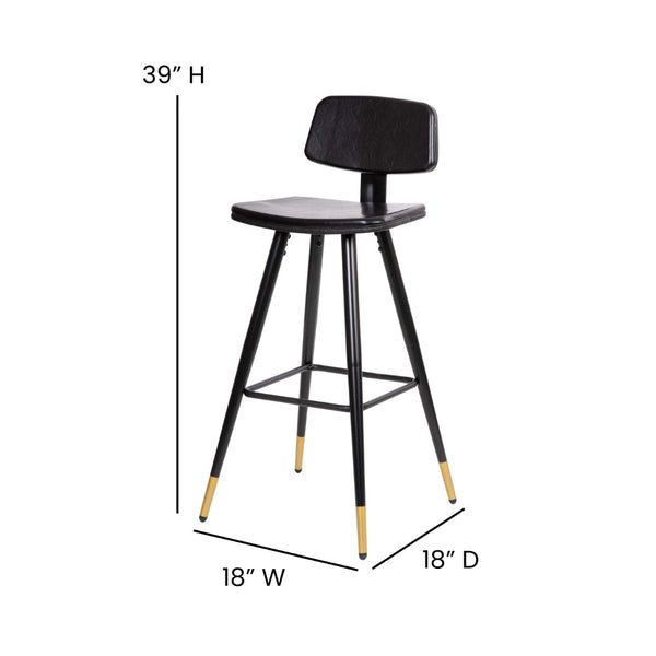 English Elm Kora Commercial-Grade Low Back Barstools - Stylish Leather Upholstered Seating with Gold Legs Set of 2 Black 30" High AY-S02-BK-GG