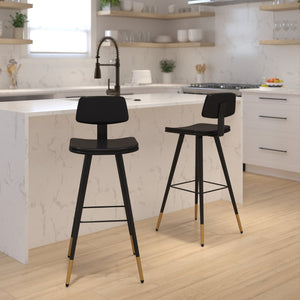 English Elm Kora Commercial-Grade Low Back Barstools - Stylish Leather Upholstered Seating with Gold Legs Set of 2 Black 30" High AY-S02-BK-GG