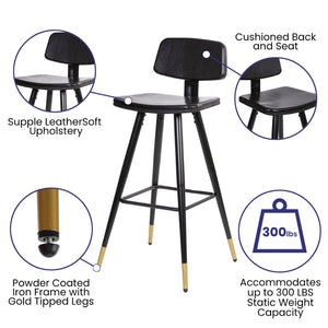 English Elm Kora Commercial-Grade Low Back Barstools - Stylish Leather Upholstered Seating with Gold Legs Set of 2 Black 30" High AY-S02-BK-GG