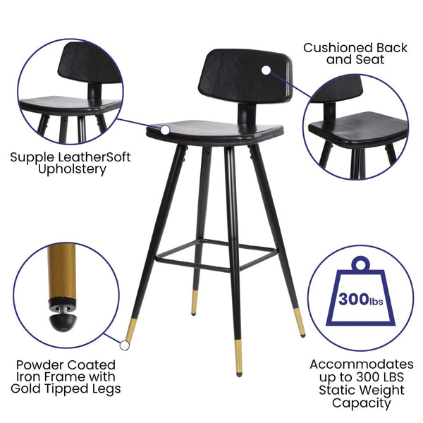 English Elm Kora Commercial-Grade Low Back Barstools - Stylish Leather Upholstered Seating with Gold Legs Set of 2 Black 30" High AY-S02-BK-GG