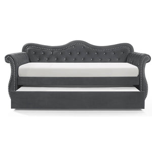English Elm Abby Tufted Velvet Daybed with Trundle Gray — Hollywood tufted upholstery, nailhead trim, solid wood frame, luxe 808857766687