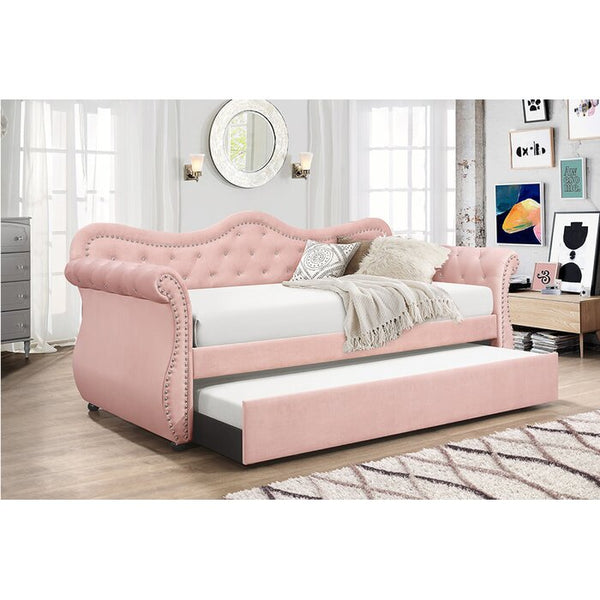 English Elm Abby Velvet Tufted Daybed with Roll-Out Trundle Pink, Nailhead Accents & Crystal Details, Luxe 808857850904