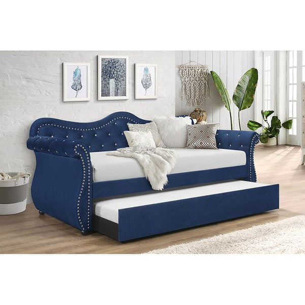 English Elm Abby Tufted Velvet Daybed with Trundle in Blue — Hollywood Glam Crystal Accents, Nailhead Trim, Solid Wood Frame 808857571335