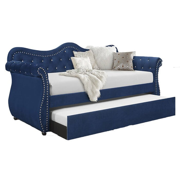 English Elm Abby Tufted Velvet Daybed with Trundle in Blue — Hollywood Glam Crystal Accents, Nailhead Trim, Solid Wood Frame 808857571335