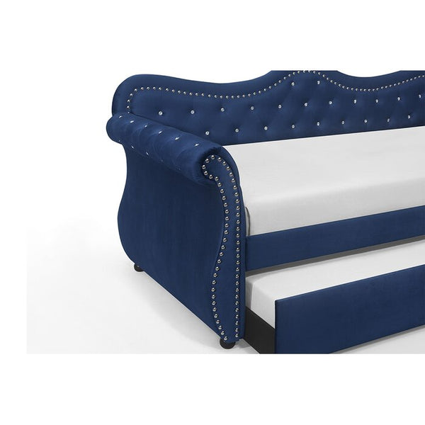 English Elm Abby Tufted Velvet Daybed with Trundle in Blue — Hollywood Glam Crystal Accents, Nailhead Trim, Solid Wood Frame 808857571335
