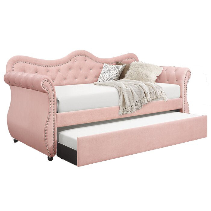 English Elm Abby Velvet Tufted Daybed with Roll-Out Trundle Pink, Nailhead Accents & Crystal Details, Luxe 808857850904