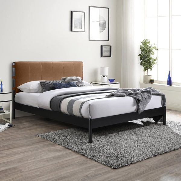 Meridian Furniture Abigail King Bed Channel Stitched Vegan Leather Headboard with Sleek Black Metal Platform Base Cognac AbigailCognac-K