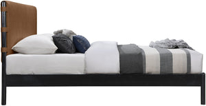 Meridian Furniture Abigail King Bed Channel Stitched Vegan Leather Headboard with Sleek Black Metal Platform Base Cognac AbigailCognac-K