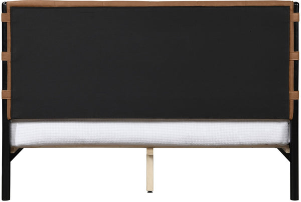 Meridian Furniture Abigail King Bed Channel Stitched Vegan Leather Headboard with Sleek Black Metal Platform Base Cognac AbigailCognac-K