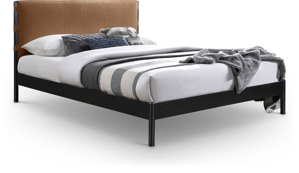 Meridian Furniture Abigail Queen Platform Bed Vegan Leather Channel Stitch Headboard and Sturdy Metal Frame Cognac AbigailCognac-Q
