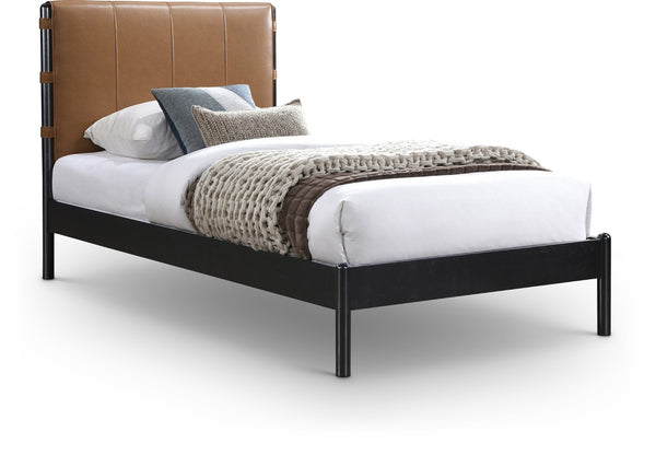Meridian Furniture Abigail Vegan Leather Twin Platform Bed with Channel Stitched Headboard and Sleek Metal Base Cognac AbigailCognac-T
