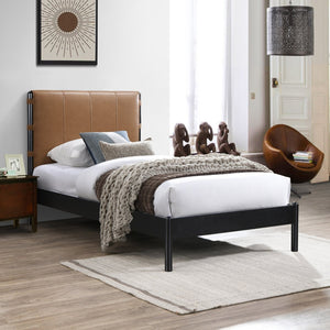 Meridian Furniture Abigail Vegan Leather Twin Platform Bed with Channel Stitched Headboard and Sleek Metal Base Cognac AbigailCognac-T