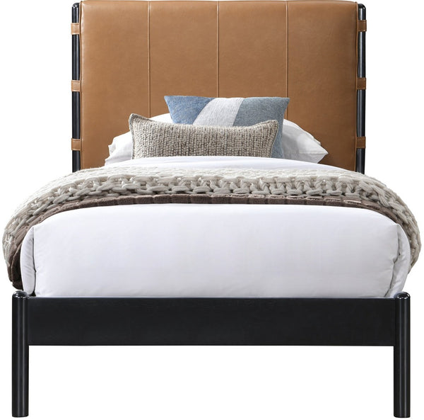 Meridian Furniture Abigail Vegan Leather Twin Platform Bed with Channel Stitched Headboard and Sleek Metal Base Cognac AbigailCognac-T