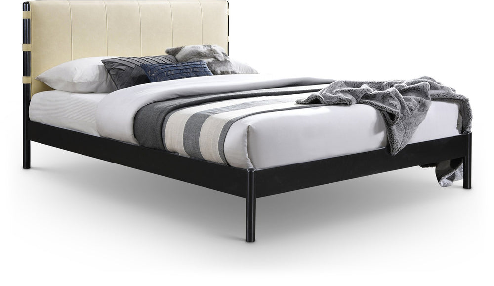 Meridian Furniture Abigail Vegan Leather Full Bed with Stitched Headboard and Sturdy Black Metal Frame Cream AbigailCream-F