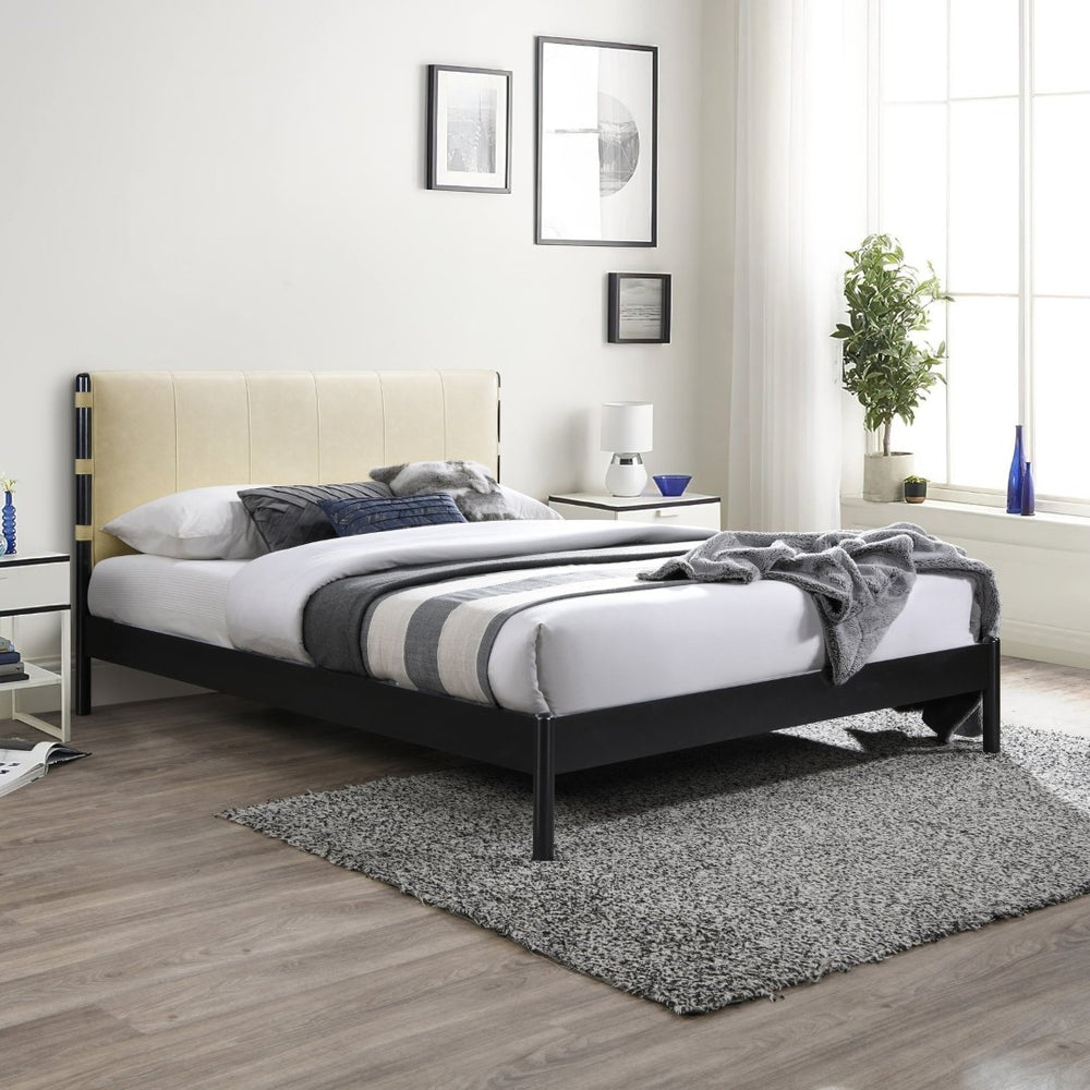 Meridian Furniture Abigail Vegan Leather Full Bed with Stitched Headboard and Sturdy Black Metal Frame Cream AbigailCream-F