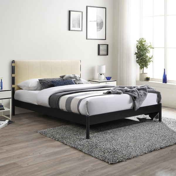 Meridian Furniture Abigail Vegan Leather Full Bed with Stitched Headboard and Sturdy Black Metal Frame Cream AbigailCream-F
