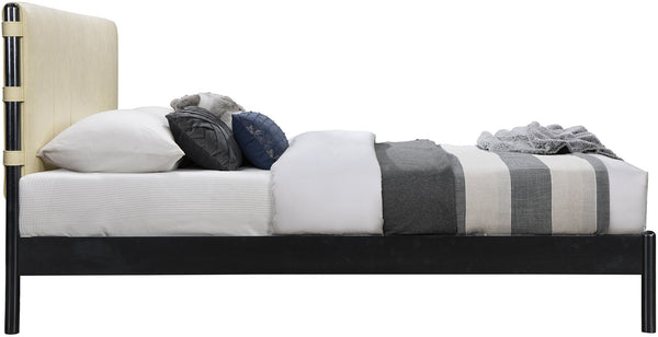 Meridian Furniture Abigail King Bed Channel Stitched Vegan Leather Headboard with Sleek Black Metal Platform Base Cream AbigailCream-K