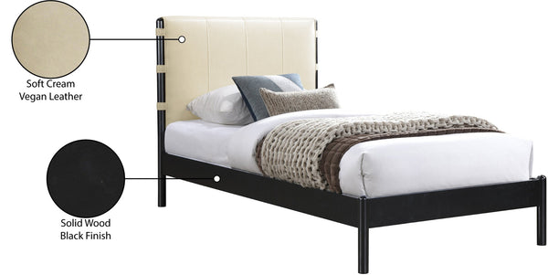 Meridian Furniture Abigail Vegan Leather Twin Platform Bed with Channel Stitched Headboard and Sleek Metal Base Cream AbigailCream-T