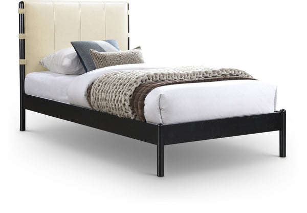 Meridian Furniture Abigail Vegan Leather Twin Platform Bed with Channel Stitched Headboard and Sleek Metal Base Cream AbigailCream-T
