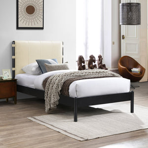 Meridian Furniture Abigail Vegan Leather Twin Platform Bed with Channel Stitched Headboard and Sleek Metal Base Cream AbigailCream-T