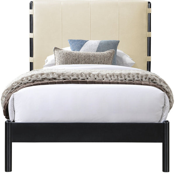 Meridian Furniture Abigail Vegan Leather Twin Platform Bed with Channel Stitched Headboard and Sleek Metal Base Cream AbigailCream-T