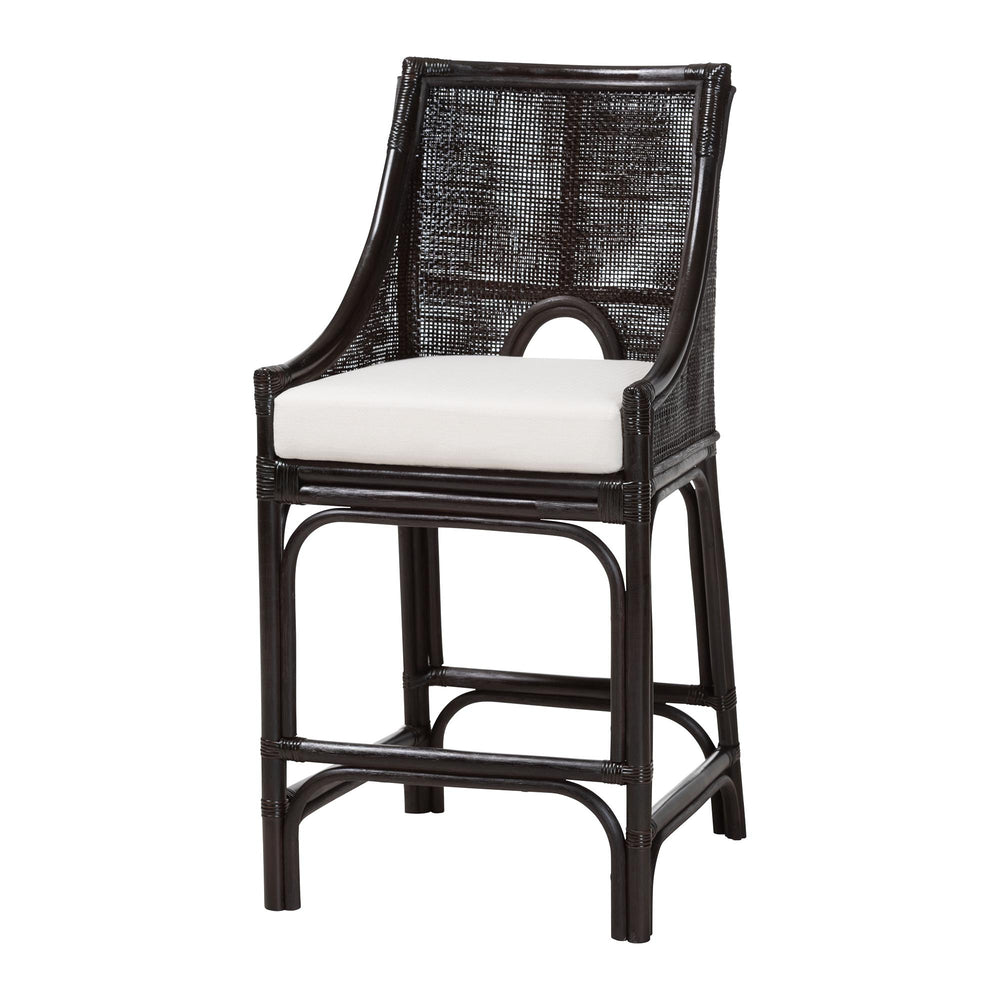 Baxton Studio Bali & Pari Handwoven Rattan Counter Stool Mahogany Frame Boho Coastal Kitchen Seating Espresso Natural Rattan 20.5W x 20.9D x 40.9H Acton-Coffee Bean Rattan-Cushion-CS