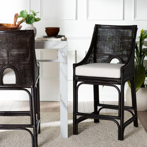 Baxton Studio Bali & Pari Handwoven Rattan Counter Stool Mahogany Frame Boho Coastal Kitchen Seating Espresso Natural Rattan 20.5W x 20.9D x 40.9H Acton-Coffee Bean Rattan-Cushion-CS