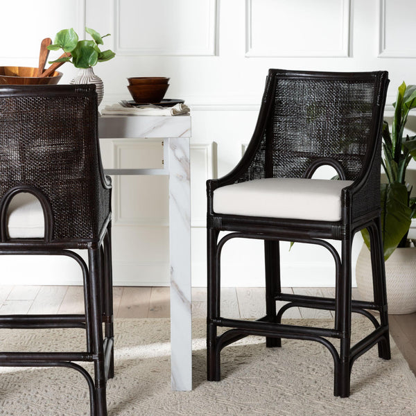 Baxton Studio Bali & Pari Handwoven Rattan Counter Stool Mahogany Frame Boho Coastal Kitchen Seating Espresso Natural Rattan 20.5W x 20.9D x 40.9H Acton-Coffee Bean Rattan-Cushion-CS
