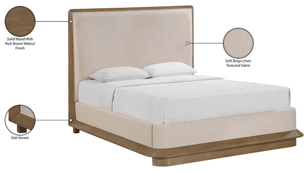 Meridian Furniture Adagio Queen Bed Oak Veneer Frame Linen Upholstery Modern Contemporary Bedroom Furniture Brown AdagioBrown-Q