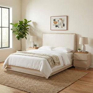 Meridian Furniture Adagio King Bed Solid Oak Veneer Frame with Linen Upholstery for Modern Bedrooms Natural AdagioNatural-K