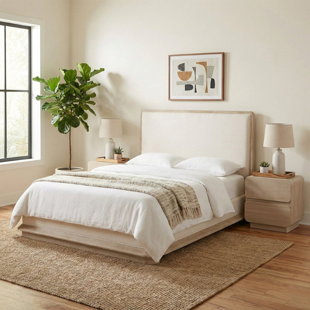 Meridian Furniture Adagio Queen Bed Oak Veneer Frame Linen Upholstery Modern Contemporary Bedroom Furniture Natural AdagioNatural-Q