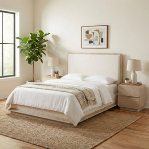 Meridian Furniture Adagio Queen Bed Oak Veneer Frame Linen Upholstery Modern Contemporary Bedroom Furniture Natural AdagioNatural-Q