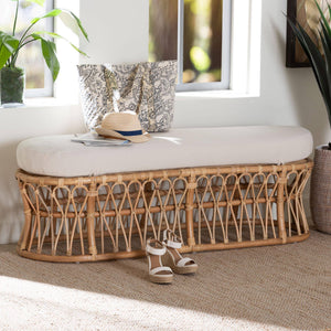 Bali & Pari Adelpha Handcrafted Rattan Bench with Plush Cushion for Coastal Interiors