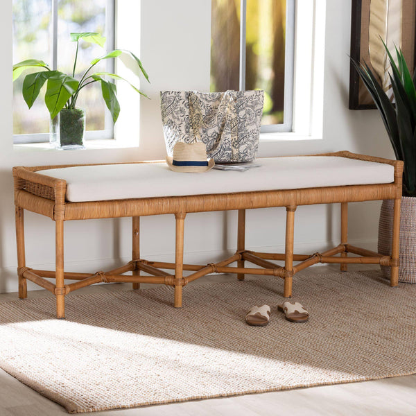 Bali & Pari Adonia Handcrafted Rattan Bench with Removable Cushion for Boho Interiors