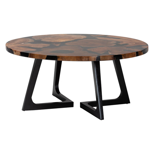 Baxton Studio Bali & Pari Agata Round Teak Epoxy Resin Coffee Table Handcrafted Artisan Living Room Agata-Patterned Resin-CT-Boxed