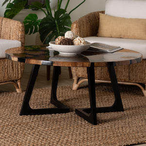 Bali & Pari Agata Round Teak Epoxy Resin Coffee Table Handcrafted Artisan Living Room