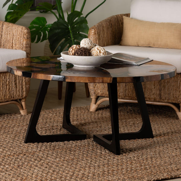 Bali & Pari Agata Round Teak Epoxy Resin Coffee Table Handcrafted Artisan Living Room