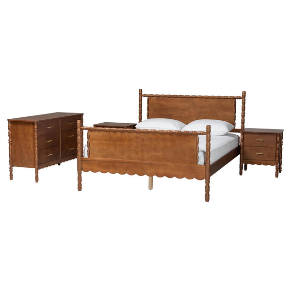 Baxton Studio Baxton Studio Danette Bobbin Rubberwood Queen Bedroom Set with Platform Bed Artisan Style 2 Nightstands Akello-Walnut-Queen 4PC Bedroom Set