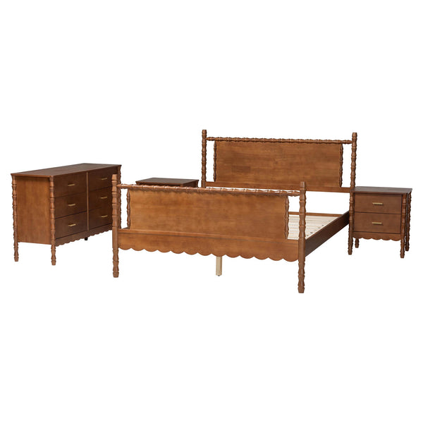 Baxton Studio Danette Bobbin Rubberwood Queen Bedroom Set with Platform Bed Artisan Style